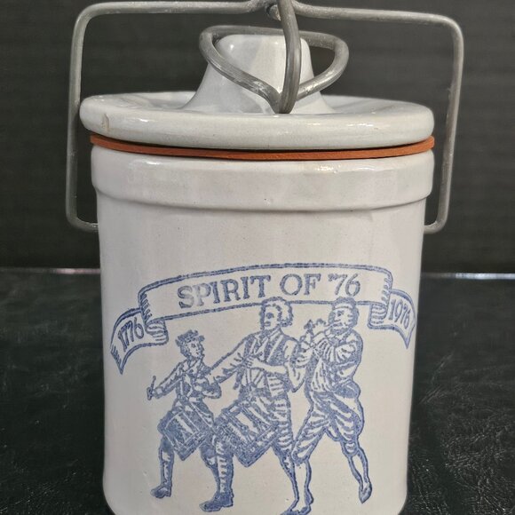 Vintage Bicentennial Stoneware Cheese Crock With Wire Bale Spirit of 76 - Picture 1 of 10